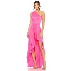 Mac Duggal IEENA Hot Pink Satin One Shoulder High Low Ruffle Gown Dress Small